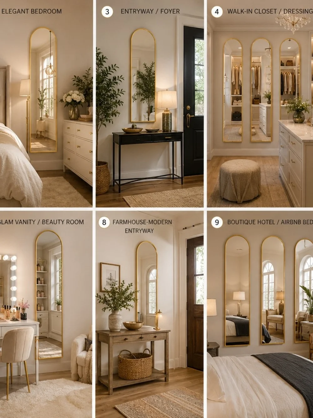 3 Gold Full-Length Arch Floor Mirror - Elegant Home Wall Decor